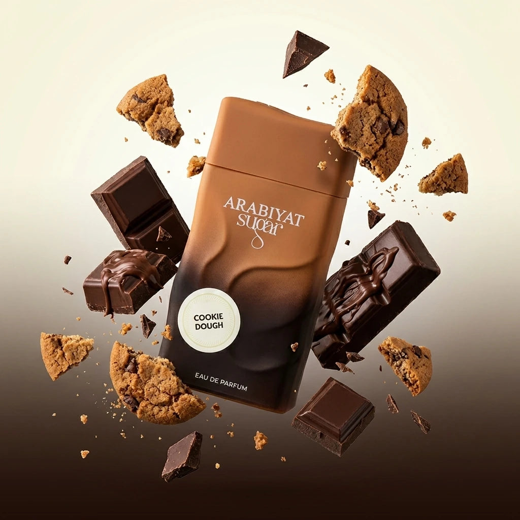 Une photo haute vitesse figée au format carré de 1200x1200px. Le flacon d'image_93c92b.jpg est le point focal absolu au centre de l'image. Autour de lui, des pépites de chocolat noir géométriques et des éclats de biscuits croquants flottent dynamiquement dans l'air, créant un effet de lévitation et de gourmandise brute. L'arrière-plan est un fondu doux allant du crème au brun foncé. (gemini-3-pro-image-preview)
