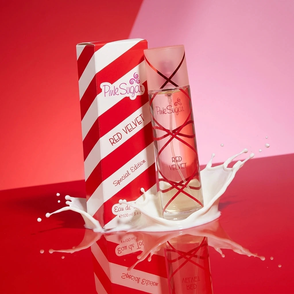 Angle : Vue oblique dynamique.  Scène : Le flacon et le carton de l'image image_7b5eae.jpg sont positionnés sur une surface laquée rouge ultra-brillante qui reflète leurs motifs à rayures. Une éclaboussure artistique de lait ou de crème blanche et liquide fige le mouvement autour de la base des produits, rappelant le côté crémeux du parfum.  Fond : Un dégradé de studio allant du rouge vif au rose pastel. (gemini-3-pro-image-preview)