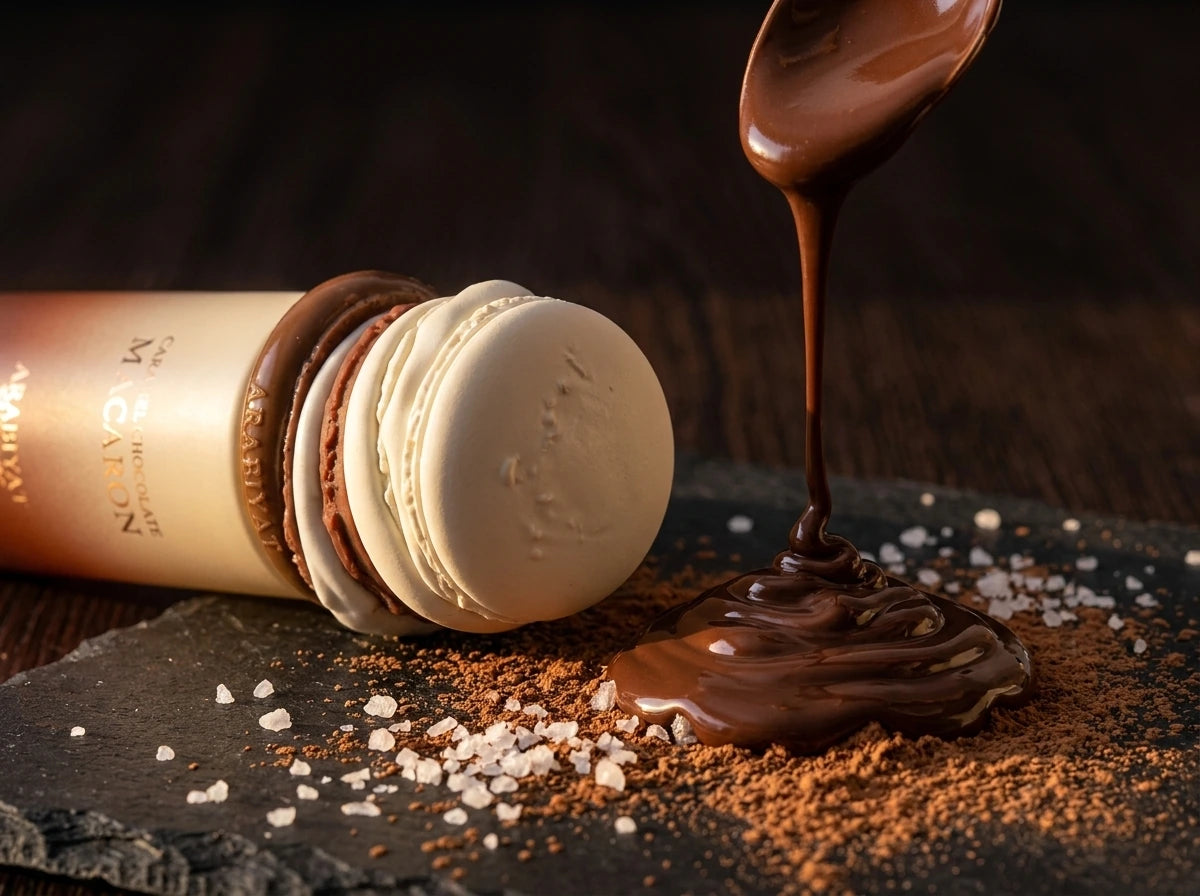Angle : Gros plan macro très serré, incliné à 35 degrés, focus sur les macarons du capuchon.  Scène : Le flacon de l'image image_8bb442.jpg est posé en plein cœur d'un plan de travail de pâtisserie en ardoise sombre. Juste à côté, un filet de chocolat noir chaud et brillant est coulé à la cuillère, figeant ses vagues satinées. Quelques cristaux de fleur de sel et de la poudre de cacao brute sont saupoudrés à la base, rappelant le fini mat du flacon.  Fond & Éclairage : Arrière-plan sombre et texturé (bois d