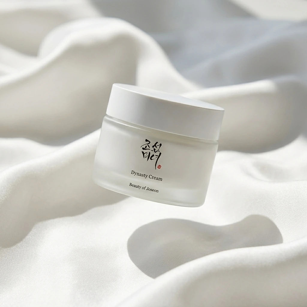 Angle : Contre-plongée légère  Beauty of Joseon Dynasty Cream floating above soft white clouds of silk fabric, natural daylight, realistic shadow underneath, luxury skincare fantasy photography, elegant and believable composition, premium beauty campaign, photorealistic cosmetic advertising. (gemini-3-pro-image-preview)