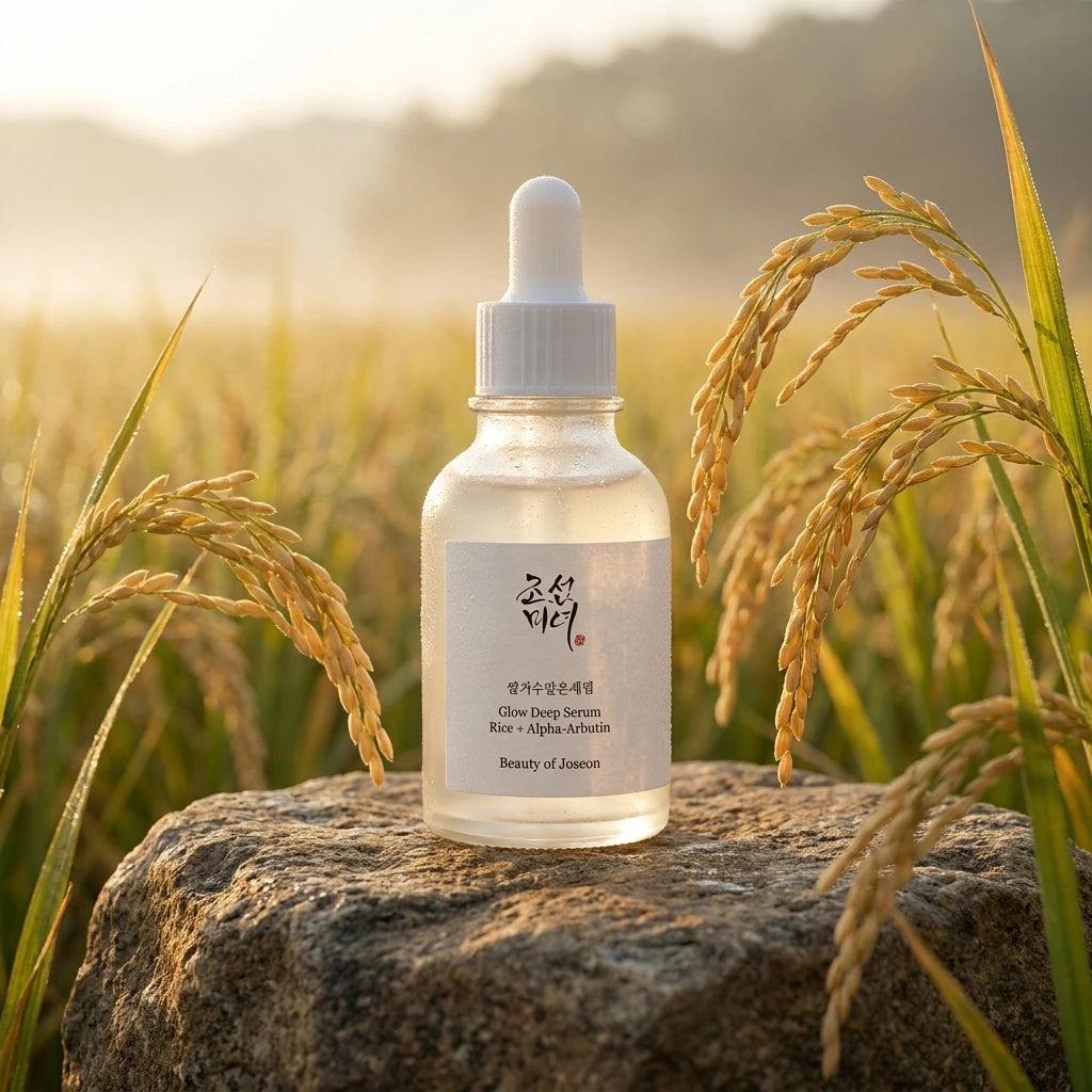 Angle : Face  Le flacon Beauty of Joseon Glow Deep Serum – Rice + Alpha-Arbutin posé sur une pierre naturelle au bord d'un champ de riz baigné par la lumière du lever du soleil. Quelques épis de riz entourent le produit. L'arrière-plan est légèrement flou avec une douce brume matinale. Photographie publicitaire ultra réaliste, ambiance apaisante et premium. (gemini-3-pro-image-preview)