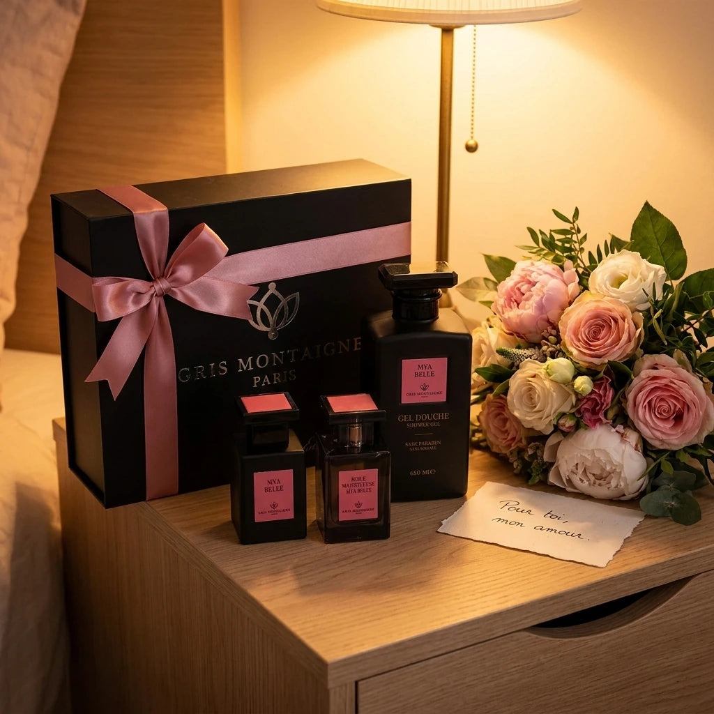 Le cadeau parfait pour elle : Un gros plan sur une table de chevet en bois clair. Le coffret Gris Montaigne est élégamment emballé avec un ruban de satin rose. À côté, un bouquet de fleurs fraîches et un petit mot doux. La lumière est tamisée, créant une atmosphère chaleureuse. (gemini-3-pro-image-preview)