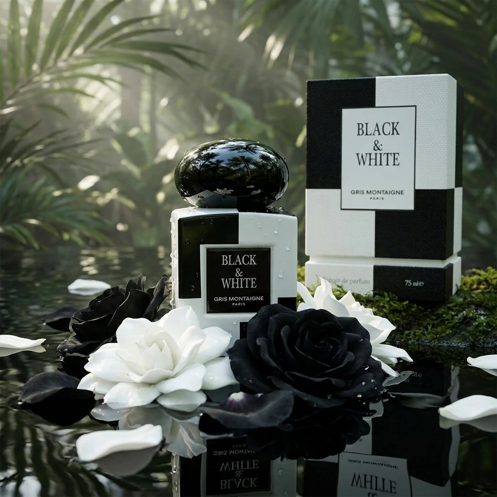 L'idée : Créer un mouvement fluide et naturel avec des textures végétales contrastées.  Le Prompt à copier :  Une nature morte poétique et organique. Le flacon graphique "BLACK & WHITE" émerge à moitié d'une eau calme et sombre, comme un miroir d'encre noire. À la surface de l'eau, une marée de pétales de gardénia blanc pur et de roses noires veloutées flotte et ondule autour du flacon. Le bouchon sphérique brillant capte le reflet de la végétation environnante. Lumière diffuse et mystique filtrée par des f
