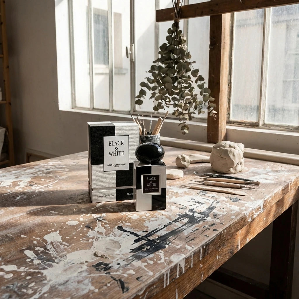 L'idée : Intégrer le parfum dans un quotidien créatif, loin des intérieurs figés et trop parfaits.  Le Prompt à copier :  Une photographie lifestyle e-commerce authentique. Le flacon "BLACK & WHITE" et sa boîte sont posés sur une grande table d'atelier en bois brut tachée d'argile blanche et de pigments noirs. À côté, des outils de poterie, des morceaux de céramique non cuite et un bouquet suspendu d'eucalyptus séché complètent la scène. Une lumière douce et rasante entre par une verrière d'artiste, projeta