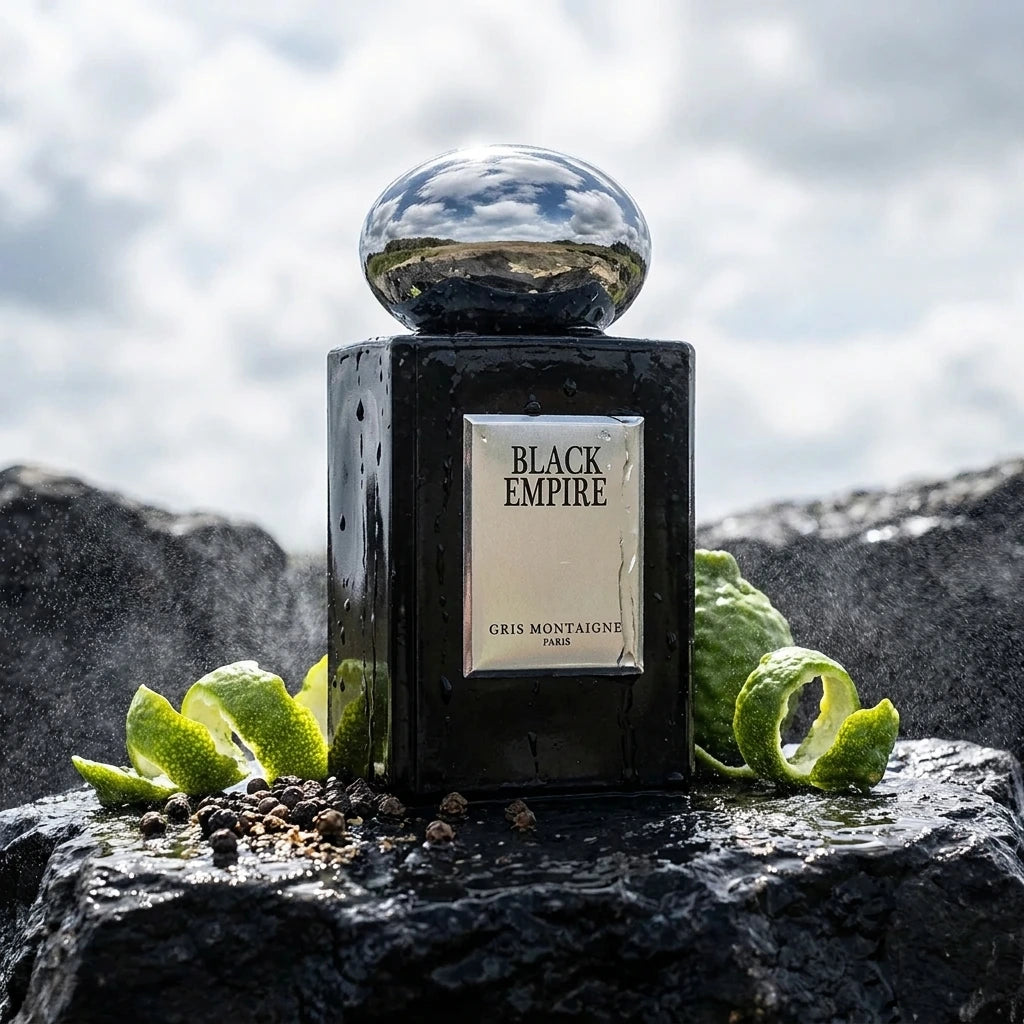 Concept de shooting : Un décor islandais brut où la roche volcanique rencontre la fraîcheur de l'eau pure.  Le Prompt à copier :  Une photographie de shooting e-commerce haut de gamme en extérieur. Au centre, le flacon de parfum noir laqué brillant "BLACK EMPIRE" avec son bouchon chromé effet miroir argenté. Le flacon est posé de manière stable sur un rocher de basalte noir brut, texturé et ruisselant d'eau. Autour de sa base, des écorces de bergamote fraîchement pressées et des baies de poivre noir concass