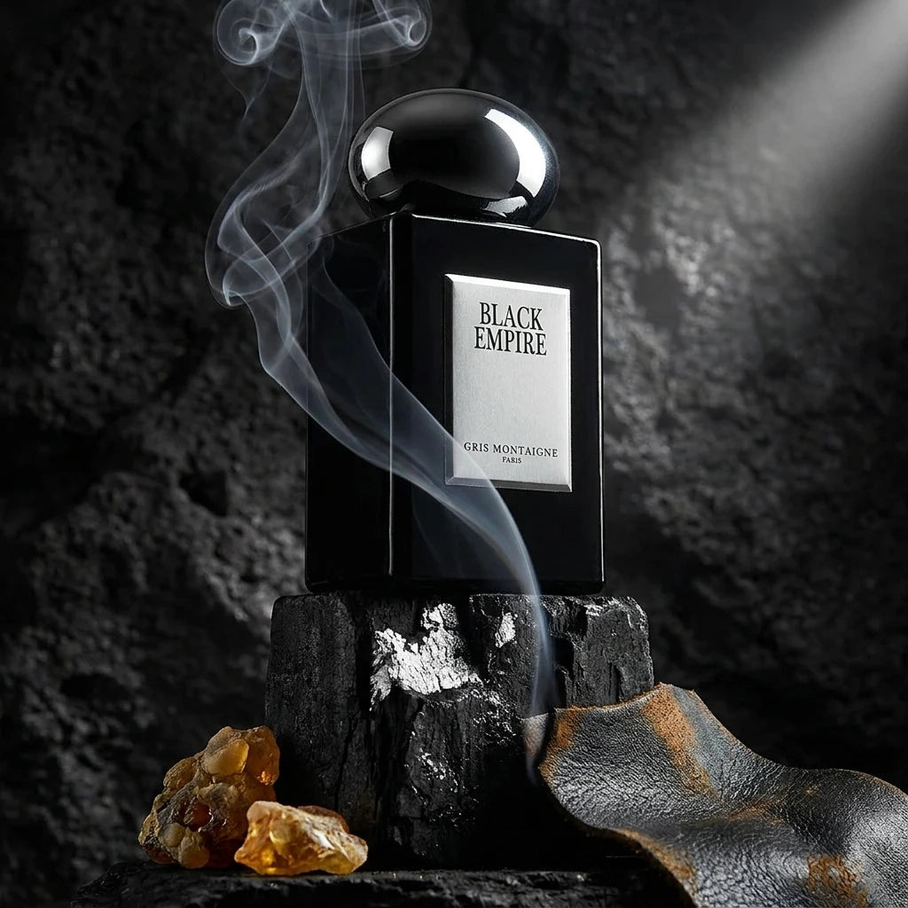 Concept de shooting : Un univers volcanique et impérial, sombre et luxueux pour illustrer le sillage.  Le Prompt à copier :  Une photographie publicitaire conceptuelle en contre-plongée spectaculaire. Le flacon noir brillant "BLACK EMPIRE" trône majestueusement au sommet d'un bloc de charbon de bois noir mat aux reflets argentés. Une fine et poétique volute de fumée blanche d'encens s'enroule autour de la bouteille. À la base, des morceaux de résine d'ambre dorée et un morceau de cuir noir vieilli et patiné