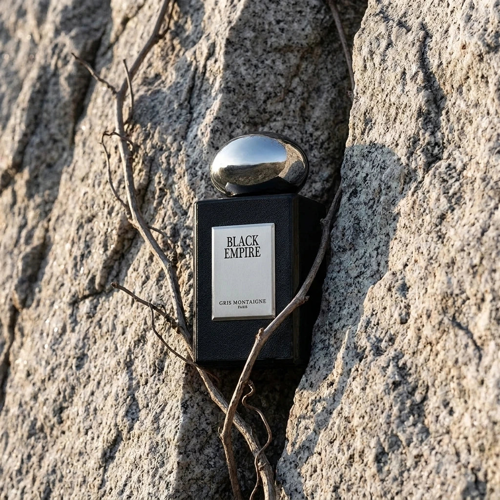 Concept de shooting : Traiter le packaging noir et argenté comme un élément d'architecture incrusté dans la nature.  Le Prompt à copier :  Une photographie de produit e-commerce originale. La boîte texturée noire fermée du parfum "BLACK EMPIRE" de Gris Montaigne Paris, arborant son logo argenté, est insérée verticalement dans la fissure naturelle d'une falaise de granit gris clair et brut. Une vigne sauvage sans feuilles s'enroule subtilement autour du packaging. Le contraste est fort entre la pierre claire