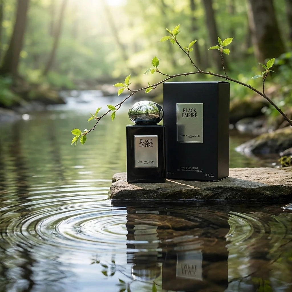Concept de shooting : Intégrer un mouvement naturel (l'eau ou le vent) pour casser la monotonie d'un shooting classique.  Le Prompt à copier :  Une photographie e-commerce créative et vivante. Le flacon de parfum "BLACK EMPIRE" et sa boîte noire sont installés sur une avancée de pierre plate au bord d'un ruisseau forestier calme. L'eau limpide coule et ondule doucement au premier plan, créant des cercles concentriques qui reflètent la silhouette des produits. Une branche fine avec quelques feuilles vertes f