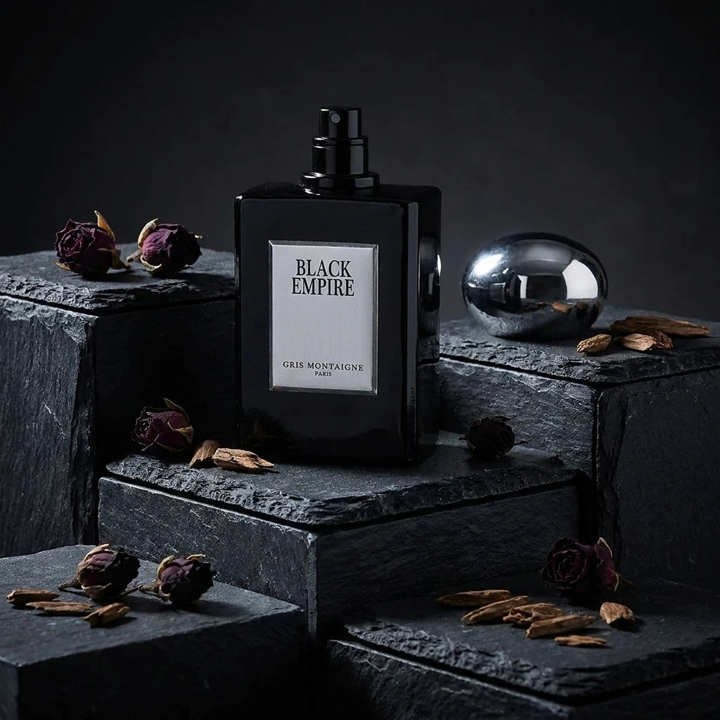 Concept de shooting : Utiliser des plaques de pierres naturelles de différentes hauteurs pour créer du relief.  Le Prompt à copier :  Une photographie de nature morte e-commerce. La boîte noire "BLACK EMPIRE" et son flacon laqué assorti sont mis en scène sur des blocs de tailles différentes en ardoise noire brute et feuilletée, créant un jeu de marches géométriques. Quelques boutons de rose séchés sombres et des éclats de bois de oud sont parsemés sur les pierres. La plaque argentée du parfum accroche la lu