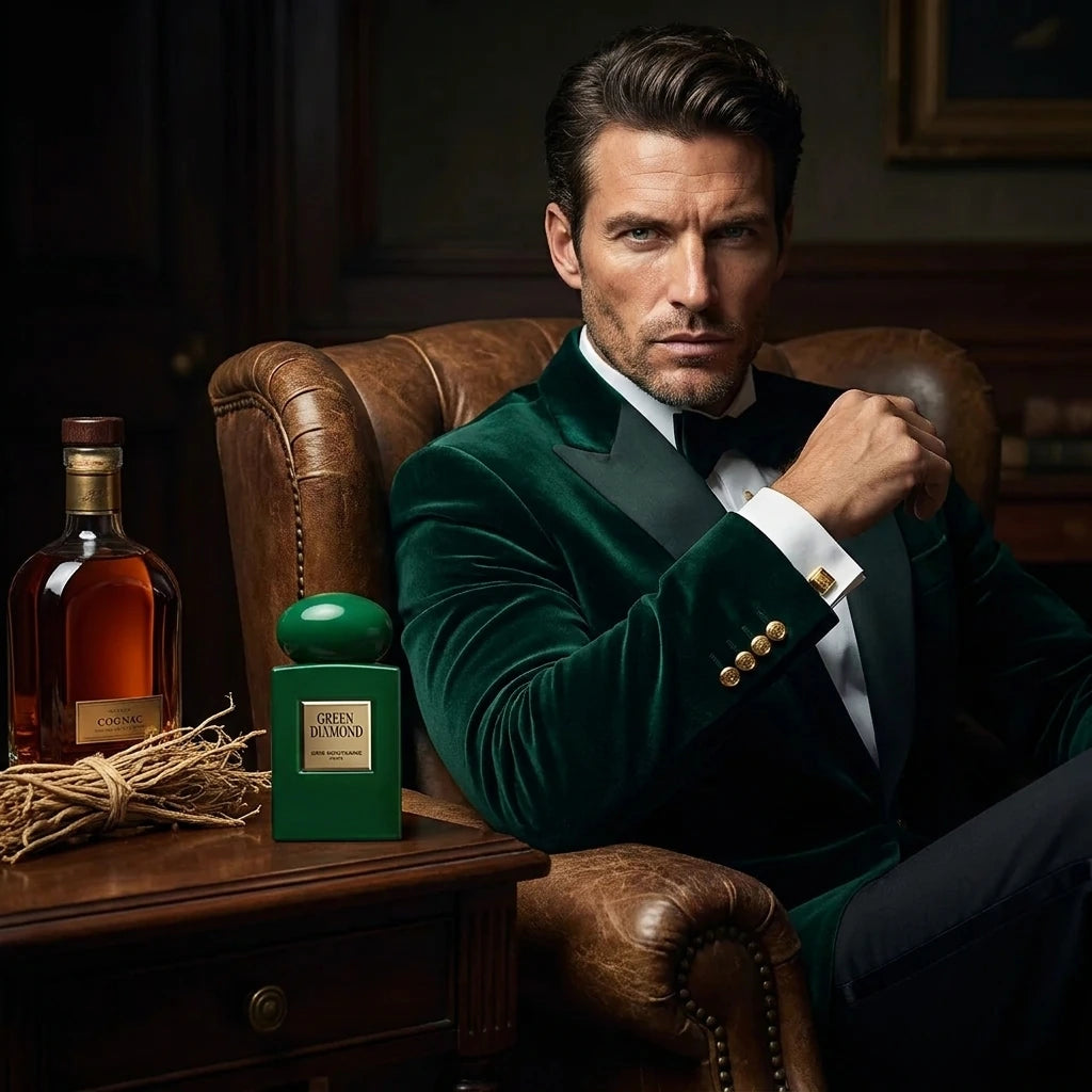 Un plan moyen d'un mannequin homme au visage sculpté, assis dans un fauteuil en cuir vieilli. Le flacon de image_0.png est posé sur une table d'appoint à côté de lui, avec une bouteille de cognac ambrée et un fagot de racines de vétiver. Il porte un smoking vert émeraude foncé. Son regard est direct. La plaque dorée de image_0.png s'aligne avec ses boutons de manchette. L'éclairage est sombre, contrasté. Style : Photographie de portrait d'affaires de luxe. (gemini-3-pro-image-preview)