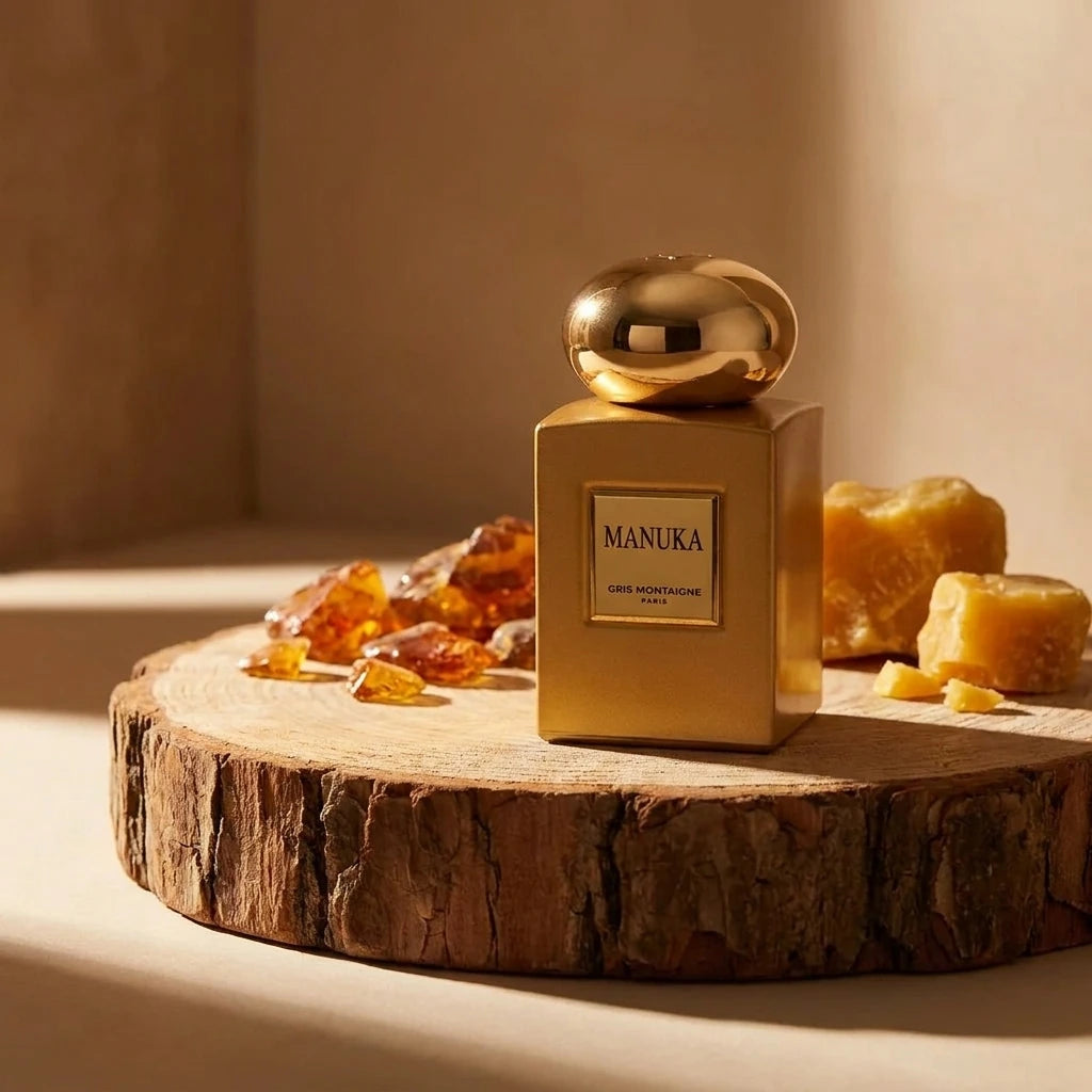 Un plan moyen du flacon de image_1.png posé sur une tranche de bois de santal brut. Derrière lui, des éclats d'ambre brut et des morceaux de cire d'abeille sont disposés. La lumière est chaude et rasante, accentuant les textures rugueuses du bois et la surface lisse et dorée de image_1.png. L'ambiance est artisanale et masculine. Style : Photographie d'architecture d'intérieur minimaliste. (gemini-3-pro-image-preview)