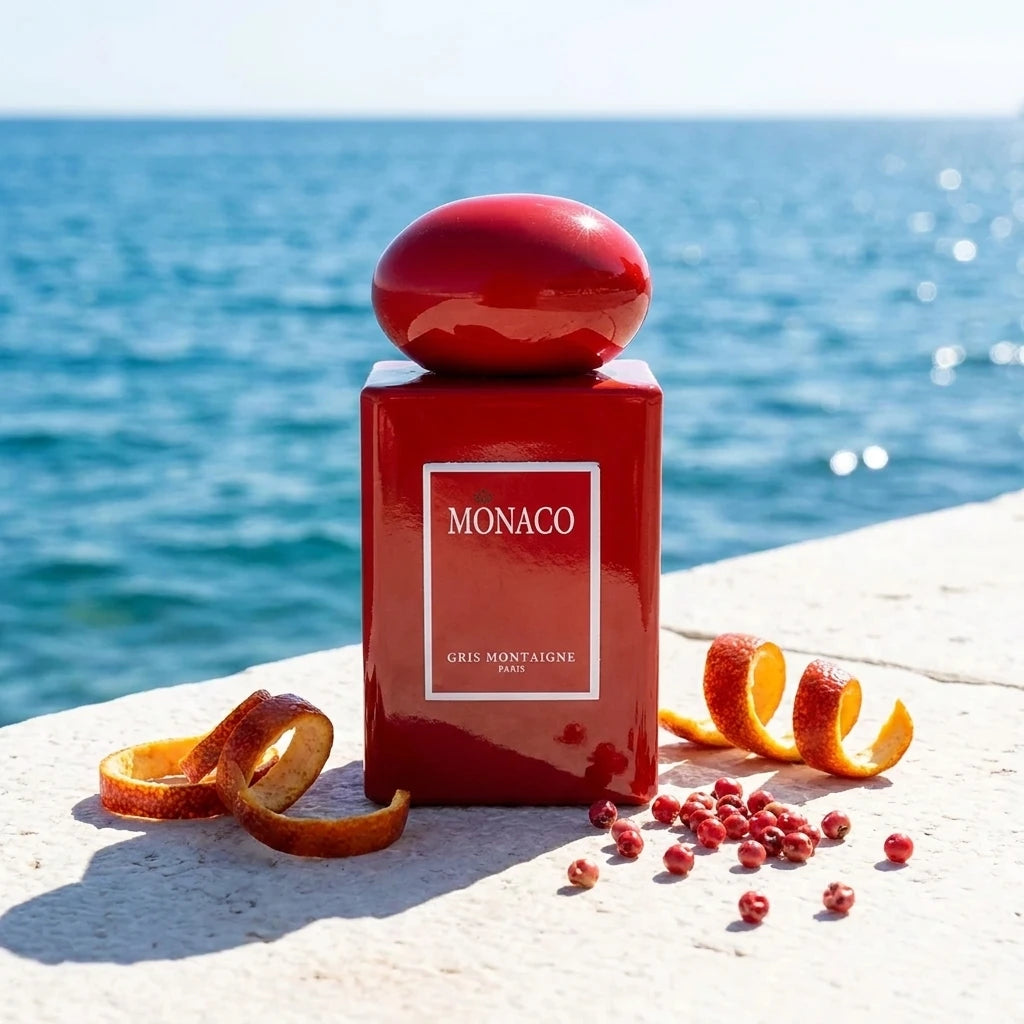 Un plan moyen net et rigoureusement frontal du flacon de parfum rouge image_8.png posé sur un quai en pierre blanche lisse. À l'arrière-plan, la mer Méditerranée bleu azur crée un fort contraste chromatique, légèrement floutée. Quelques zestes d'orange sanguine et des baies de poivre rose entourent la base du flacon. La lumière du soleil est vive et directe, créant un reflet linéaire net sur la laque de image_8.png. Style : Photographie publicitaire de luxe, ambiance estivale et exclusive. (gemini-3-pro-ima