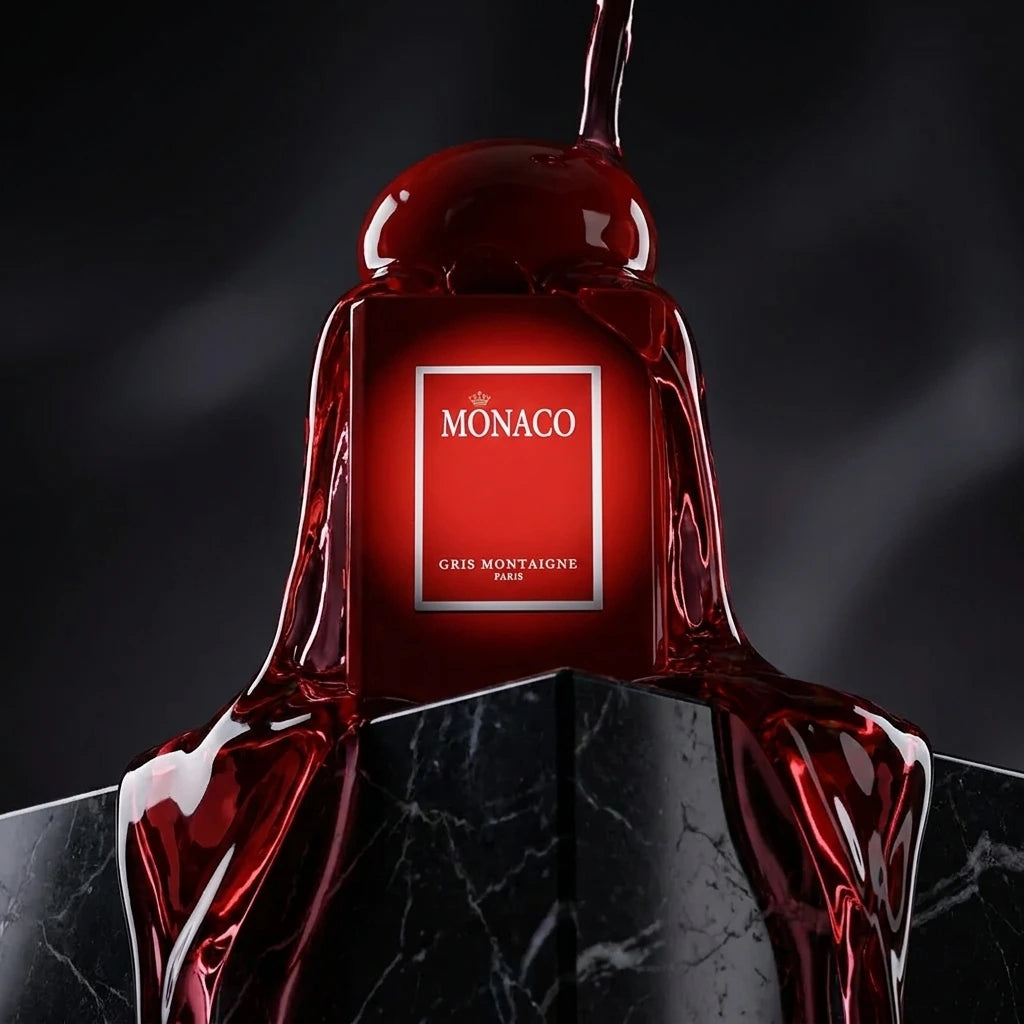 Un plan large en contre-plongée (vue basse) mettant en scène le flacon de image_8.png sur un piédestal de marbre noir poli. Une coulée épaisse, translucide et réaliste de jus de framboise sauvage contourne délicatement la base du flacon, reflétant le rouge intense de la bouteille. L'éclairage est théâtral et ciblé sur le logo. Style : Photographie éditoriale de parfum, atmosphère sensuelle. (gemini-3-pro-image-preview)