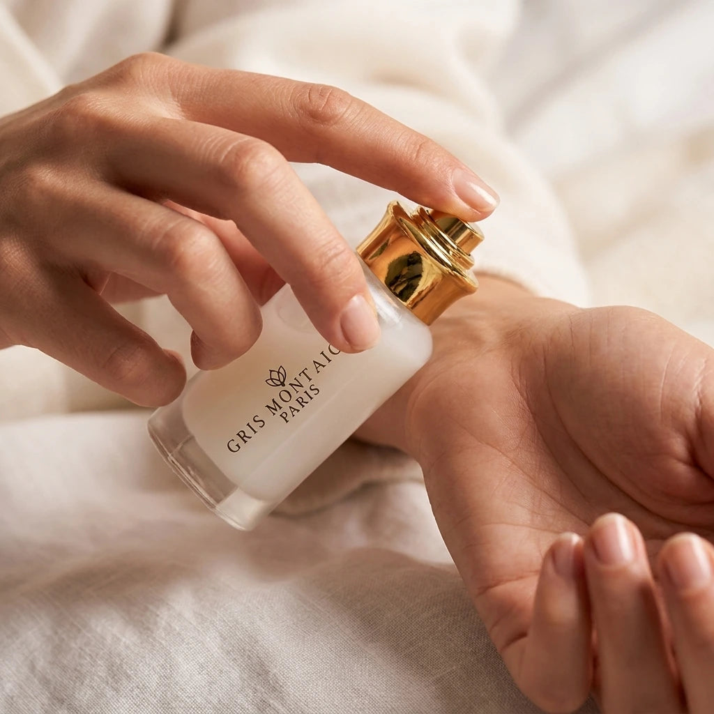 Un plan serré et intimiste centré sur les mains d'une femme à la peau satinée. Ses doigts tiennent délicatement le flacon givré de image_17.png, s'apprêtant à déposer une goutte du musc blanc laiteux sur son poignet. Le fond de l'image montre la texture douce et floue d'une chemise de nuit en lin ou en cachemire blanc haut de gamme. Style : Campagne publicitaire de beauté et de soin de la peau. (gemini-3-pro-image-preview)