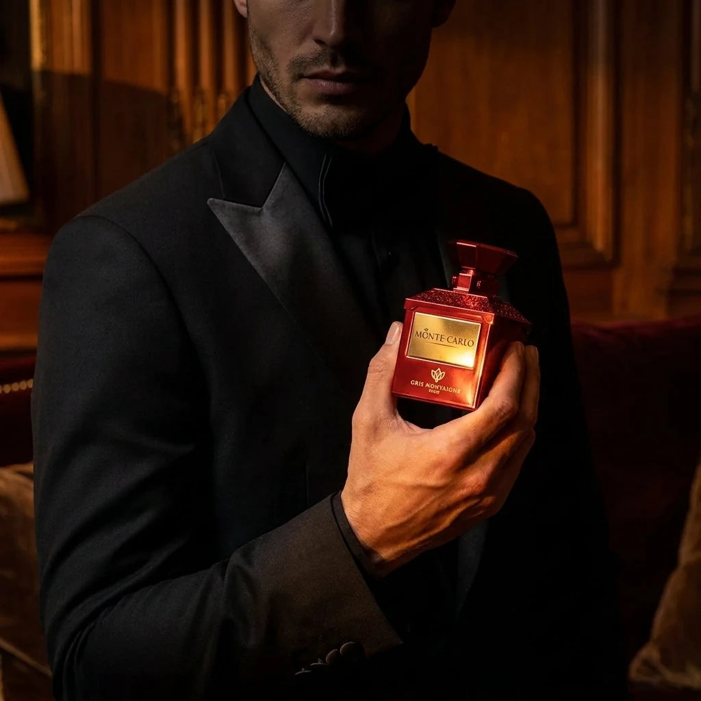 Un plan moyen d'un mannequin homme au visage partiellement plongé dans la pénombre, vêtu d'un smoking noir sur mesure au revers en satin brillant. Il tient le flacon de image_27.png mis en avant dans sa main, dont la plaque dorée capte une lumière rasante et chaude de fin de soirée. L'ambiance générale évoque une sophistication haut de gamme et exclusive. Style : Campagne de mode cinématographique. (gemini-3-pro-image-preview)