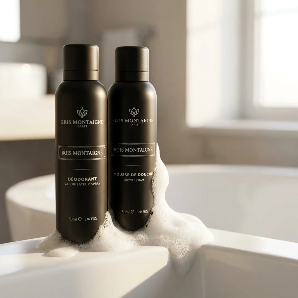 Un plan moyen de profil montrant uniquement les deux flacons cylindriques noirs mats et satinés de image_19.png posés sur le rebord d'une baignoire en céramique moderne. Une texture riche, vaporeuse et aérienne de mousse de douche blanche onctueuse est délicatement déposée à leur base. La lumière naturelle du matin inonde la scène. Style : Photographie lifestyle haut de gamme. (gemini-3-pro-image-preview)