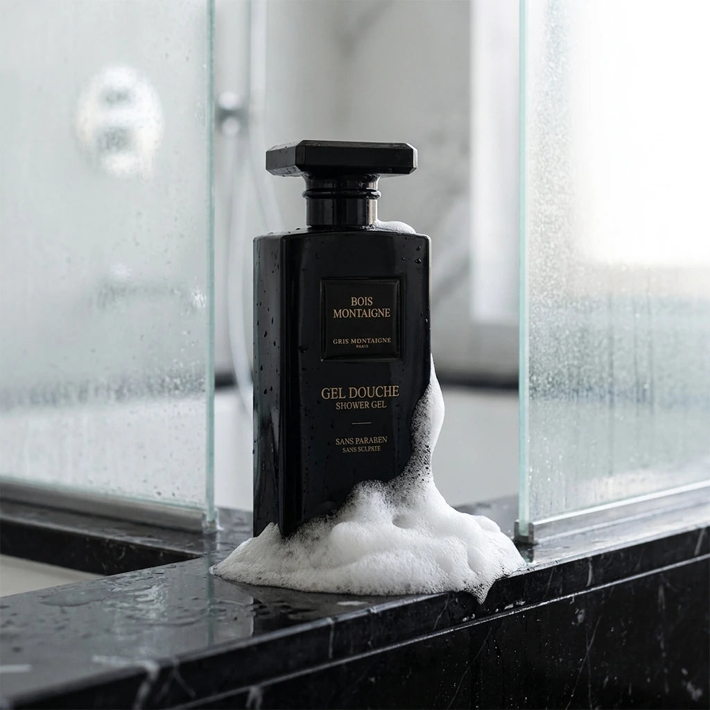 Un plan moyen de profil montrant uniquement l'imposant flacon de gel douche noir de image_2210be.jpg posé sur le rebord en marbre noir d'une douche moderne. Une texture riche, vaporeuse et aérienne de mousse blanche onctueuse est délicatement déposée à sa base, contrastant avec l'opacité sombre de la bouteille. La lumière naturelle filtre à travers une vitre sablée. Style : Photographie lifestyle haut de gamme. (gemini-3-pro-image-preview)