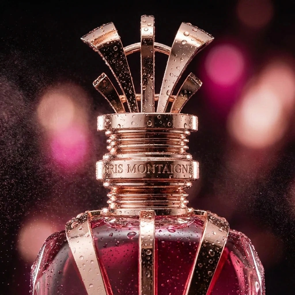 Un plan macro très serré concentré sur le col métallique marqué 'GRIS MONTAIGNE' et la couronne impériale d'or rose de image_2e6623.jpg. De fines micro-gouttelettes d'eau pure perlent de manière réaliste sur la surface externe du verre dégradé rose intense, évoquant une fraîcheur divine. L'arrière-plan présente un flou artistique (bokeh) très sombre composé de douces lueurs fuschia et or rose. Style : Photographie de produit sensorielle et haut de gamme. (gemini-3-pro-image-preview)