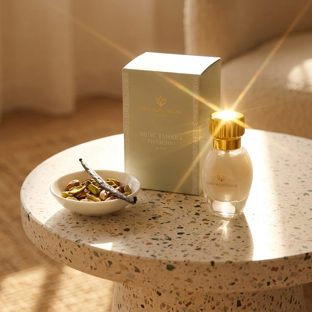 Un plan large oblique du coffret et du flacon de image_2fbbbb.jpg disposés sur une table d'appoint moderne en terrazzo beige. À côté des produits, une petite coupelle en porcelaine blanche contient des éclats de pistaches grillées et une gousse de vanille entrouverte. Un rayon de soleil réaliste de l'après-midi traverse la scène, créant un éclat brillant sur le capuchon doré de image_2fbbbb.jpg. Style : Campagne publicitaire lifestyle et sensorielle. (gemini-3-pro-image-preview)