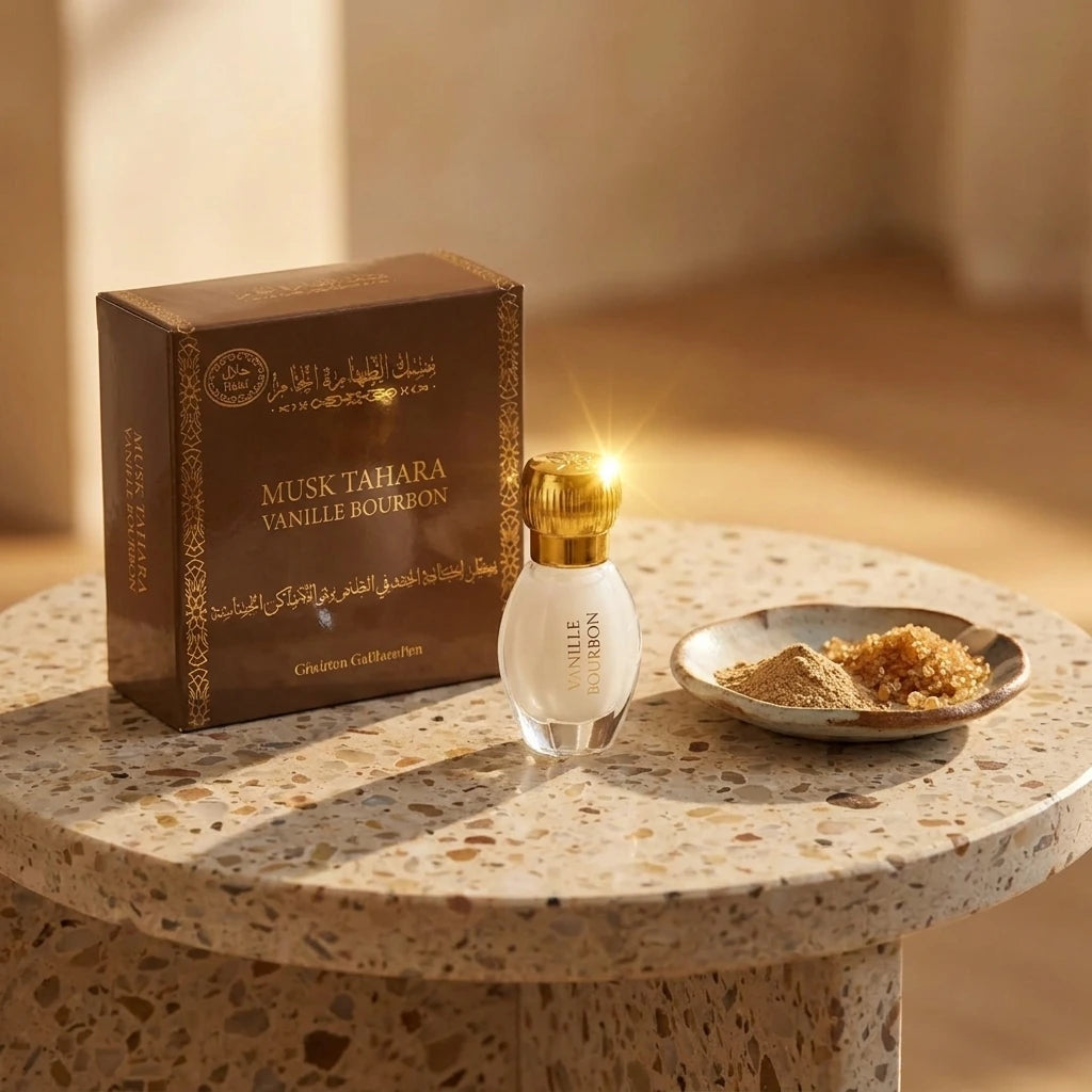 Un plan large oblique du coffret et du flacon de image_2fc3fc.jpg disposés sur une table d'appoint moderne en terrazzo beige et marron. À côté des produits, une petite coupelle artisanale en céramique contient de la poudre de fève tonka fine et des éclats de sucre roux. Un rayon de soleil réaliste de fin de journée traverse la scène, créant un éclat brillant sur le capuchon doré de image_2fc3fc.jpg. Style : Campagne publicitaire lifestyle et sensorielle. (gemini-3-pro-image-preview)