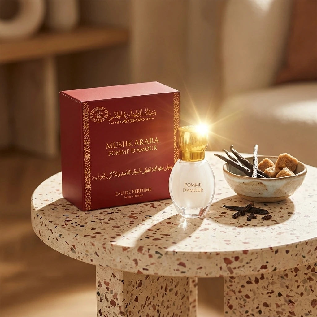 Un plan large oblique du coffret et du flacon de image_2fd2a0.jpg disposés sur une table d'appoint moderne en terrazzo beige et rouge. À côté des produits, une petite coupelle artisanale en céramique contient des éclats de vanille noire et des morceaux de sucre roux. Un rayon de soleil réaliste traverse la scène, créant un éclat brillant intense sur le capuchon doré de image_2fd2a0.jpg. Style : Campagne publicitaire lifestyle et gourmande. (gemini-3-pro-image-preview)