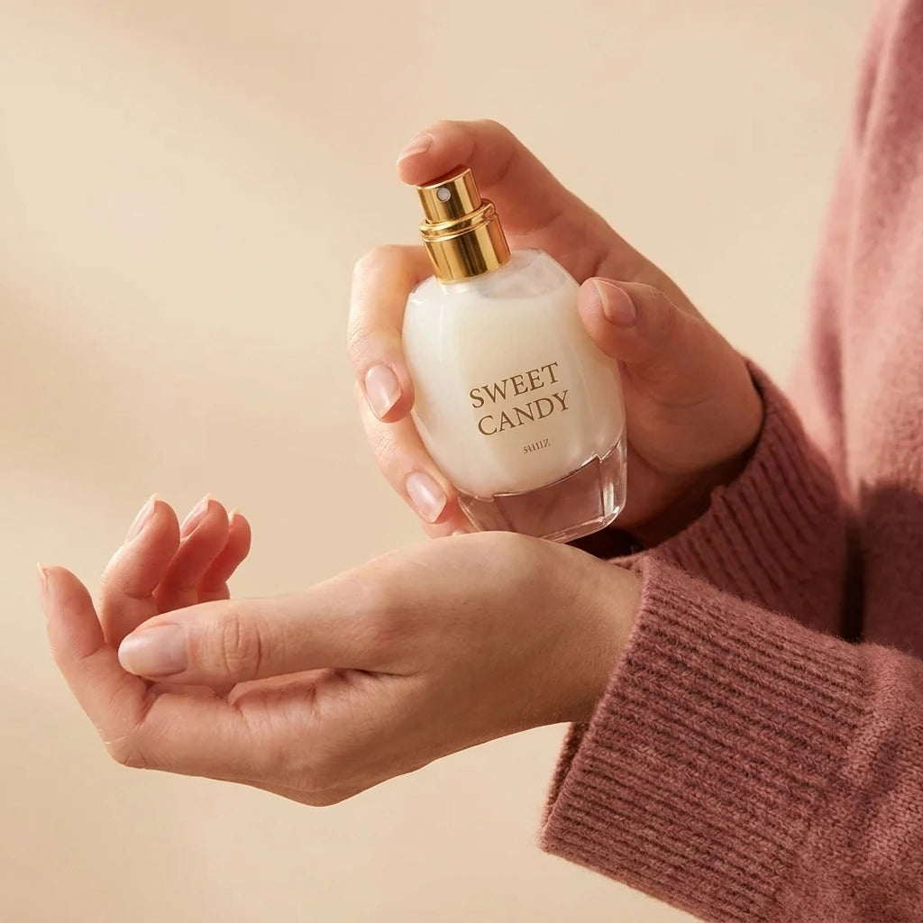Un plan serré concentré sur les mains délicates d'un mannequin femme à la peau douce, vêtue d'un pull en maille de cachemire vieux rose texturé. Ses doigts aux ongles soignés tiennent avec grâce le flacon transparent de image_30acb9.jpg, s'apprêtant à appliquer une goutte de ce musc crémeux sur le creux de son poignet. L'arrière-plan est plongé dans un flou beige ultra-lumineux. Style : Publicité de beauté intime et réconfortante. (gemini-3-pro-image-preview)