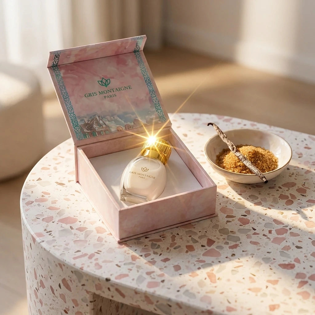 Un plan large oblique du coffret ouvert et du flacon de image_3aa887.jpg exposés sur une console moderne en terrazzo blanc et rose pastel. À côté des produits, une petite coupelle artisanale en porcelaine contient une gousse de vanille entrouverte et de la poudre de sucre roux. Un rayon de soleil réaliste traverse la scène de biais, créant un éclat scintillant intense sur la couronne dorée de image_3aa887.jpg. Style : Campagne publicitaire lifestyle. (gemini-3-pro-image-preview)
