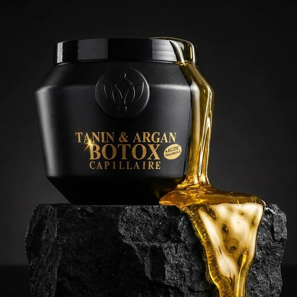 Un plan moyen net et frontal du grand pot noir satiné "BOTOX CAPILLAIRE" de image_3b2fc4.jpg posé sur une stèle en pierre de basalte volcanique noire et mate. Juste à côté du pot, une généreuse coulée d'huile d'argan dorée et visqueuse glisse le long de la pierre, créant un contraste de texture saisissant. La lumière de studio est directionnelle, faisant scintiller intensément les inscriptions dorées et le logo en relief de image_3b2fc4.jpg. Style : Photographie publicitaire de soin capillaire de luxe. (gem