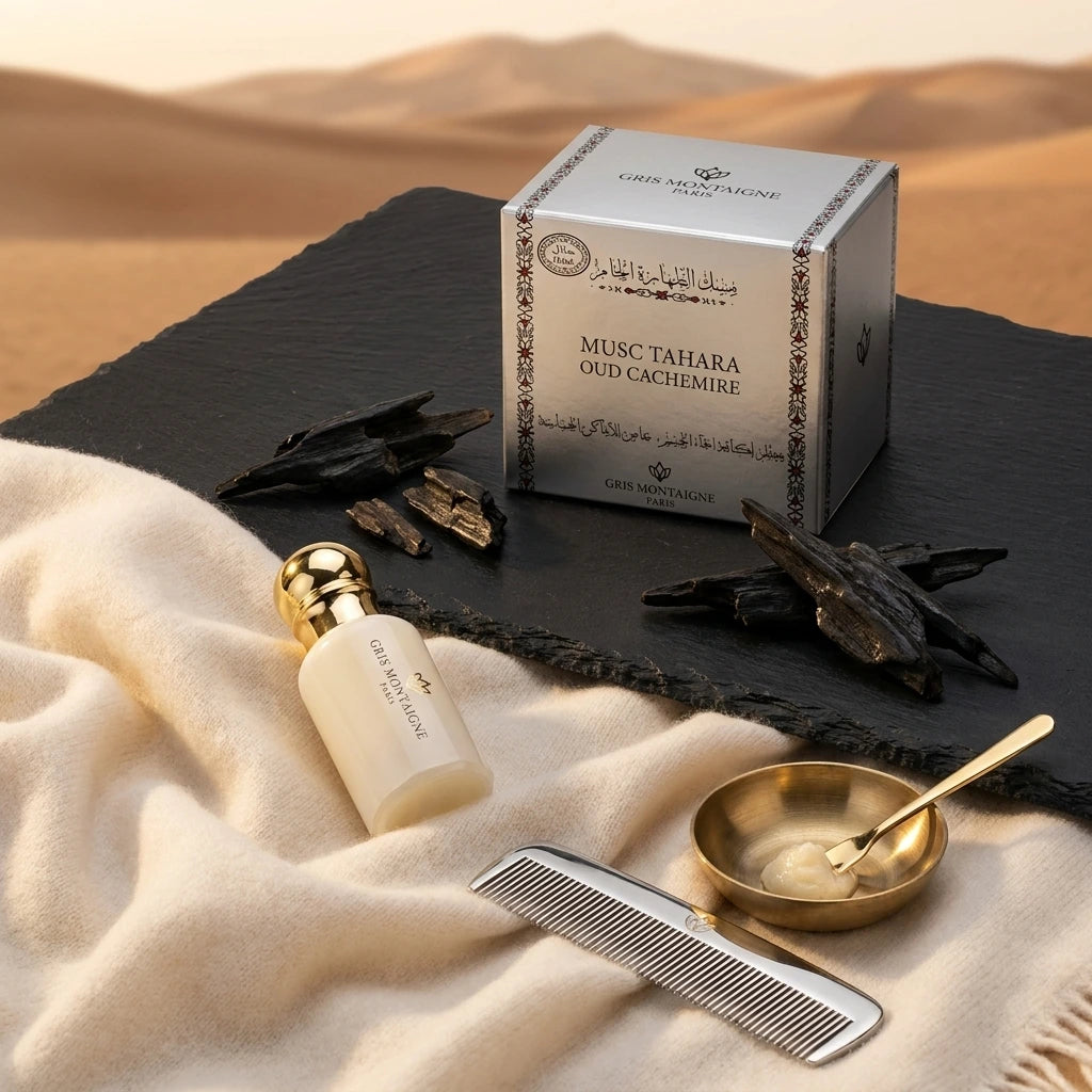 Prompt écrit : "Une photographie de produit de luxe éditoriale, basée sur la composition de image_53.png, présentant le coffret de parfum argenté 'Gris Montaigne Paris' de image_52.png en arrière-plan sur une dalle d'ardoise noire texturée. Au premier plan, le flacon de musc blanc crémeux de image_52.png, surmonté de son bouchon strié en or poli, repose sur une couverture en cachemire d'un blanc crémeux et vaporeux. La scène inclut les ingrédients bruts révélés : plusieurs éclats de bois d'Aoud noir profond