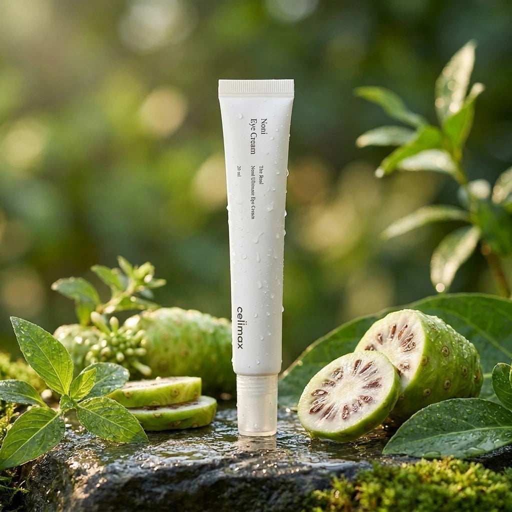 High-end product photography of Celimax The Real Noni Ultimate Eye Cream standing upright on a wet, dark mossy stone. Surrounded by artistic slices of green noni fruit and fresh botanical leaves with morning dew droplets. Natural soft sunlight, shallow depth of field, clean and organic aesthetic, shot on 85mm lens, hyper-realistic. --ar 1:1 (gemini-3-pro-image-preview)