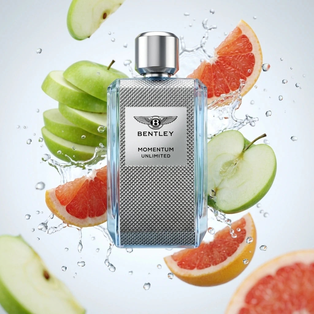 High-end commercial product photography of the "Bentley Momentum Unlimited" 100ml perfume bottle. The sleek silver and glass bottle is centered and in sharp focus. Dynamic background with exploding crisp green apple slices, vibrant grapefruit splashes, and frozen water droplets suspended in mid-air. Bright, clean studio morning light creating perfect metallic reflections on the bottle. Luxury advertising style, shallow depth of field, 8k resolution, photorealistic. (gemini-3-pro-image-preview)