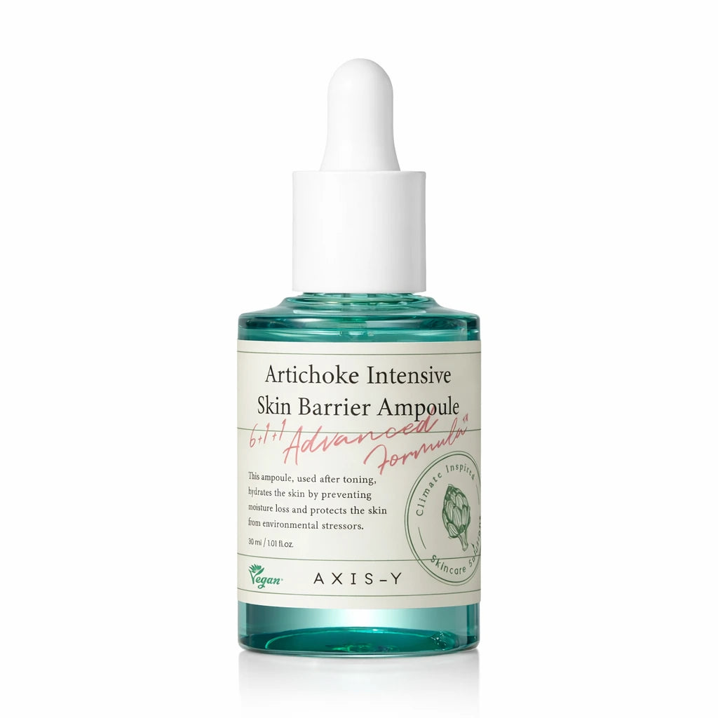 Premium commercial studio shot of the AXIS-Y Artichoke Skin Barrier Ampoule dropper bottle (referenced from image_46bda2.jpg). Front-facing composition, perfectly centered and standing upright. Professional bright and soft diffused lighting showcases the flawless turquoise transparency of the glass bottle and the minimalist clean design of the white pipette top. High-end Korean skincare e-commerce branding style, pristine and sophisticated. Aspect ratio 1:1, size 1200x1200px. (gpt-image-1.5)