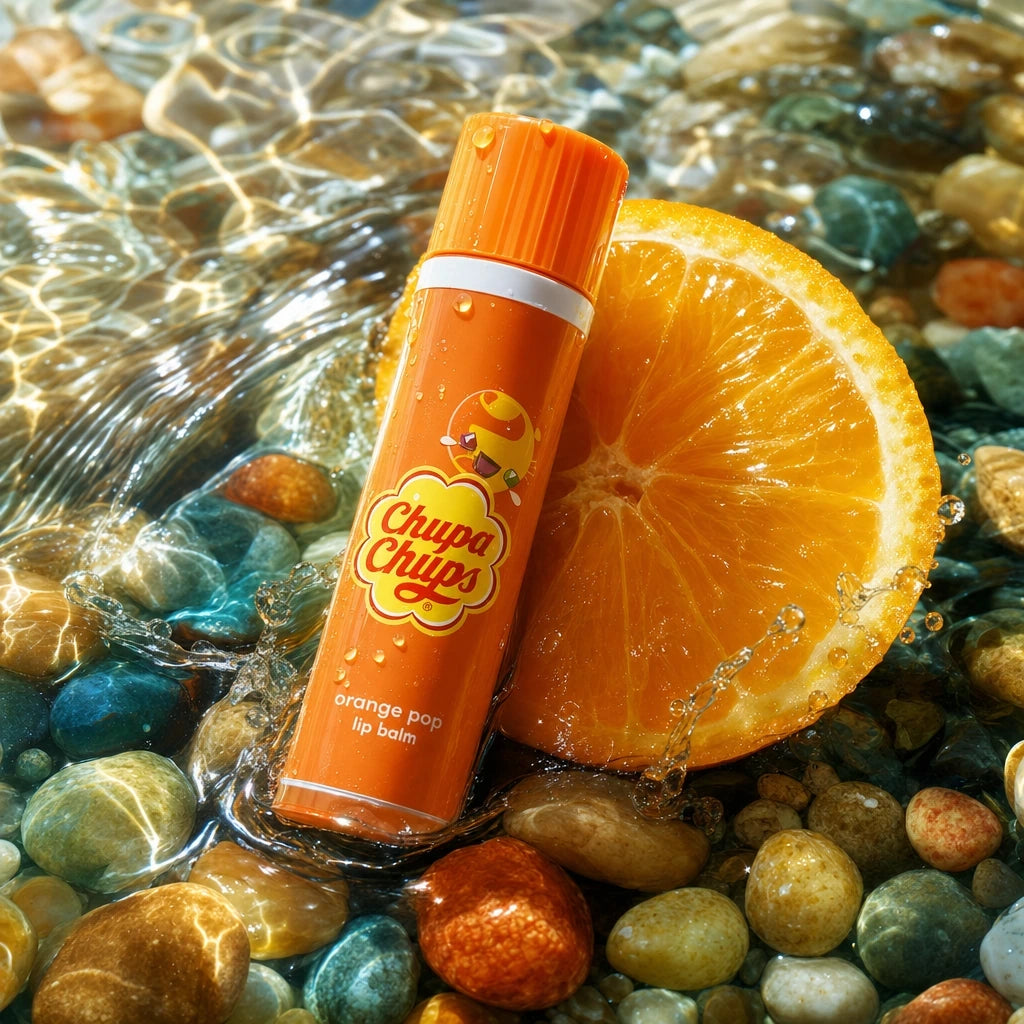 Extreme macro close-up product photography of a "Chupa Chups Orange Pop Lip Balm", placed next to a fresh, vibrant, juicy slice of orange with glistening pulp and water droplets. The product and the orange slice are half-submerged in a miniature crystal-clear water oasis. The bottom is covered with smooth, wet, small colorful river pebbles. Dynamic water ripples and subtle splashes. Bright natural sunlight filtering through, creating beautiful water caustics, refractions, and a refreshing summer vibe. High-