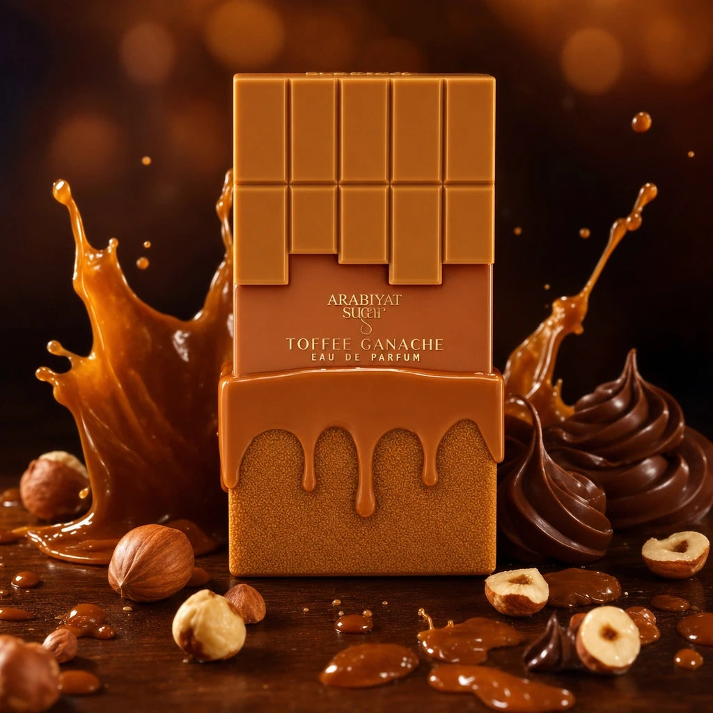 Creative e-commerce shot of the Arabiyat Sugar Toffee Ganache perfume bottle inspired by image_a2f04c.jpg. The bottle stands on a dark, polished wooden surface, surrounded by artistic splashes of thick, glossy liquid caramel, a few elegant swirls of chocolate ganache, and whole toasted hazelnuts scattered around. The background is a soft, warm, dark amber bokeh blur. Indulgent, luxurious, and deeply sweet fragrance concept. Aspect ratio 1:1, size 1200x1200px. (gpt-image-2)