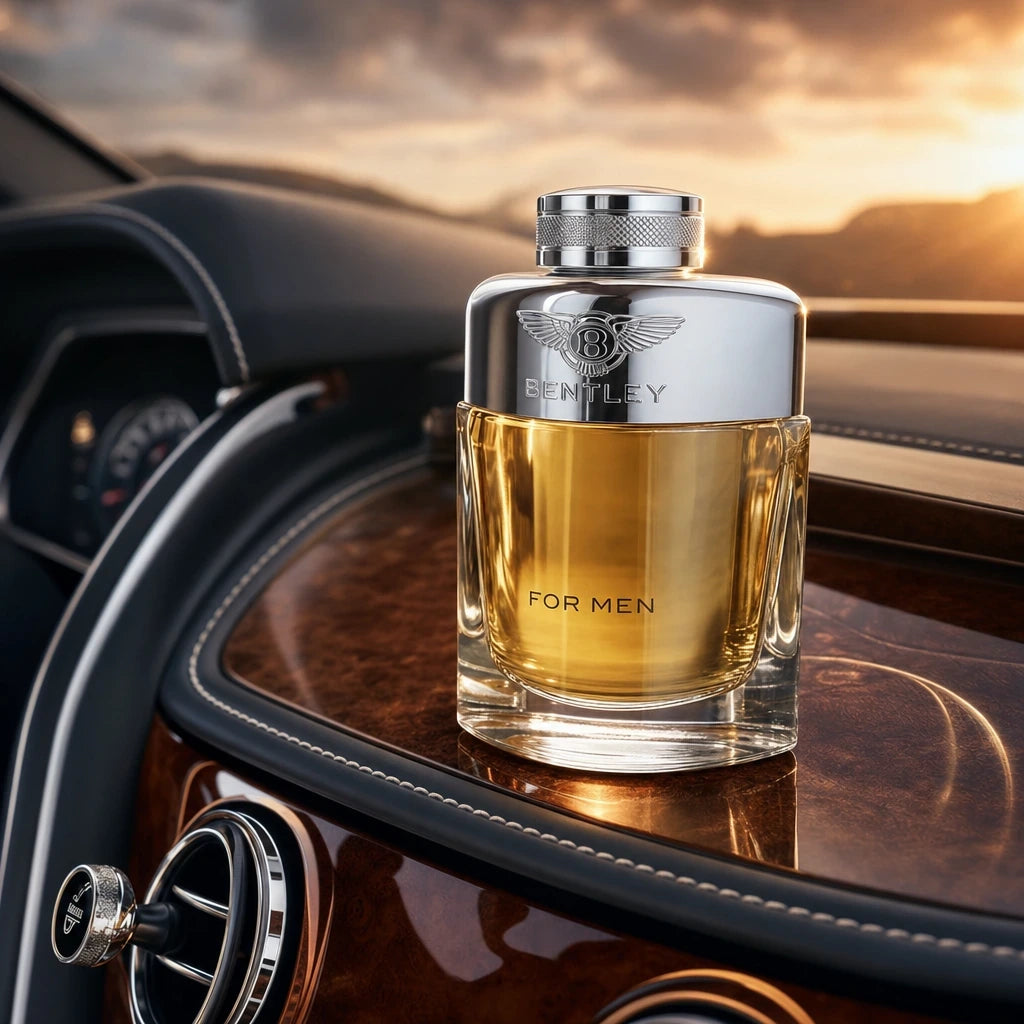 Un visuel publicitaire luxueux au format carré 1200x1200px. Le parfum "Bentley For Men" de image_85b966.jpg est installé en biais (angle de trois-quarts) sur le tableau de bord en ronce de noyer d'une voiture de luxe. Le bouchon moleté en métal argenté capte la lumière du soleil couchant à travers le pare-brise. L'arrière-plan montre l'intérieur en cuir noir surpiqué, légèrement flouté pour maintenir une profondeur de champ cinématique. Le flacon est le point focal éclatant, rayonnant de reflets dorés et ch