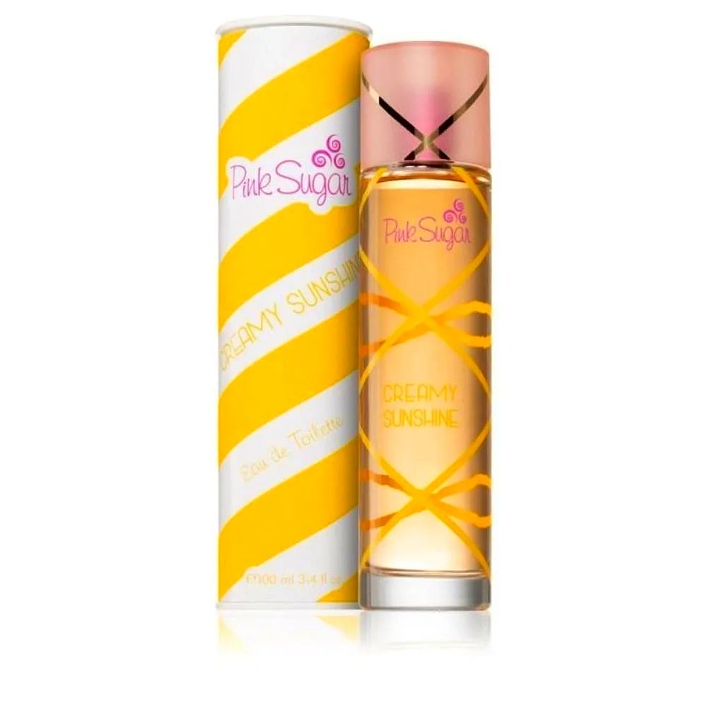 Frasco de Aquolina Pink Sugar - Creamy Sunshine Eau de Toilette para mujer, con un divertido diseño rosa y amarillo de estética azucarada y dulce.