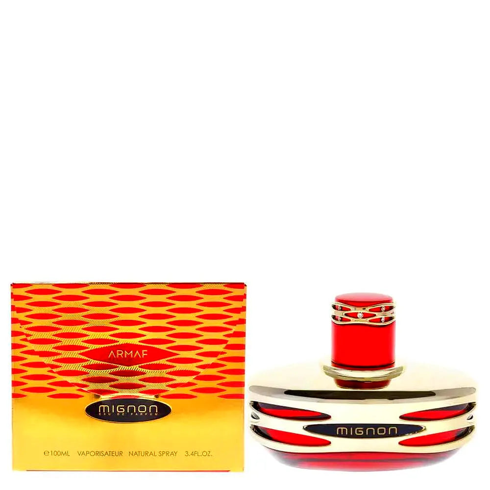 Armaf Mignon Eau de Parfum pour femme, una fragancia floral y femenina en un elegante frasco de cristal con tapón dorado.