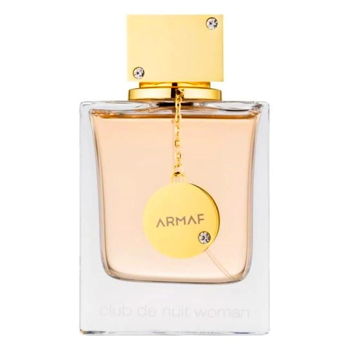 Armaf Club de Nuit Eau de Parfum para mujer, un lujoso frasco de fragancia con elegantes detalles dorados y un elegante tapón negro, desplegado sobre una superficie reflectante.