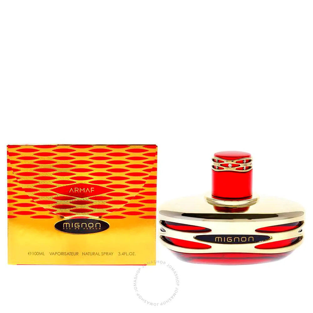 Armaf Mignon Eau de Parfum para mujer, una fragancia floral en un elegante frasco de cristal con detalles dorados.