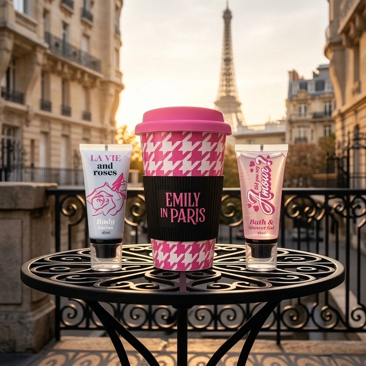 Emily in Paris - Estuche Travel Mug + Bath & Gel de Ducha + Loción Corporal